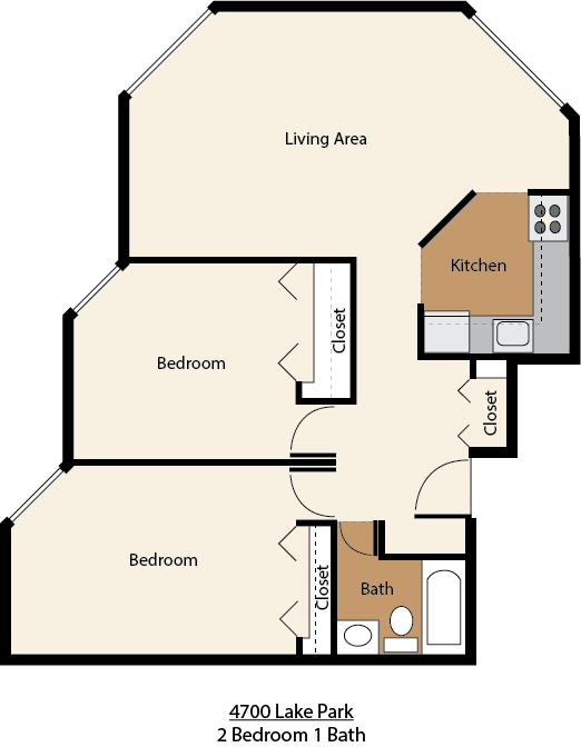 Floor plan for 2 beds, 1 bath, 853 sqft
